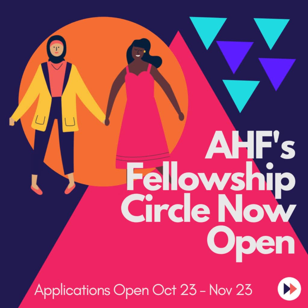 AHF's Fellowship Circle Now Open. Image includes two women in graphic format.