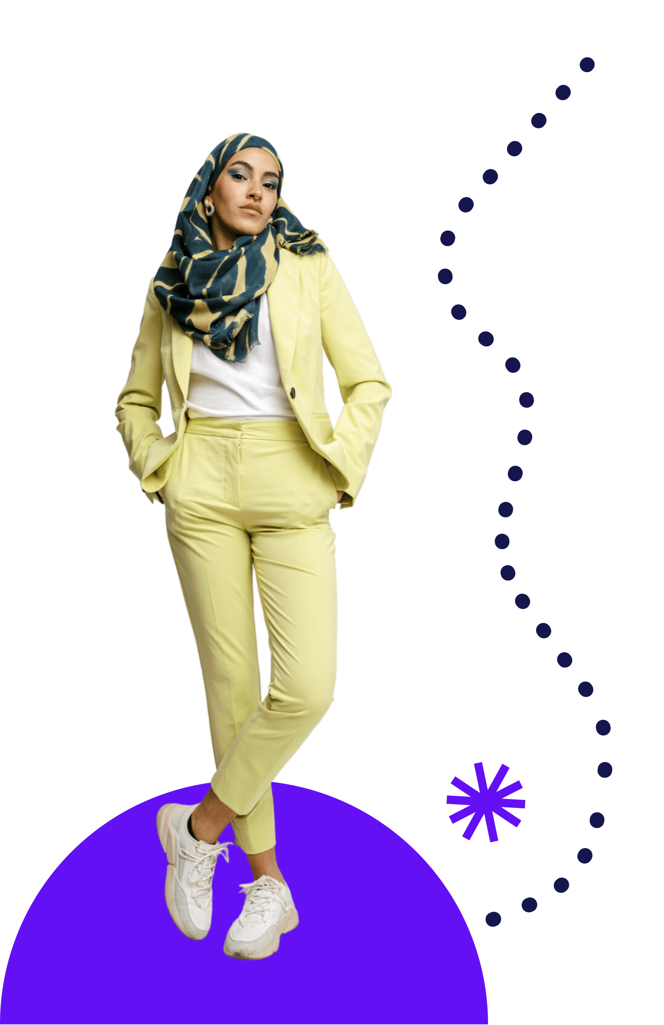 Muslim woman wearing a hijab and a lime coloured suit with hands in her pockets and feet crossed with graphics in the background.
