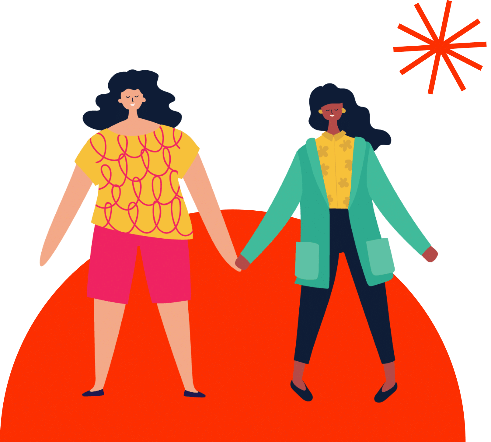 An illustration of two women holding hands with orange graphics in the bacgkround.