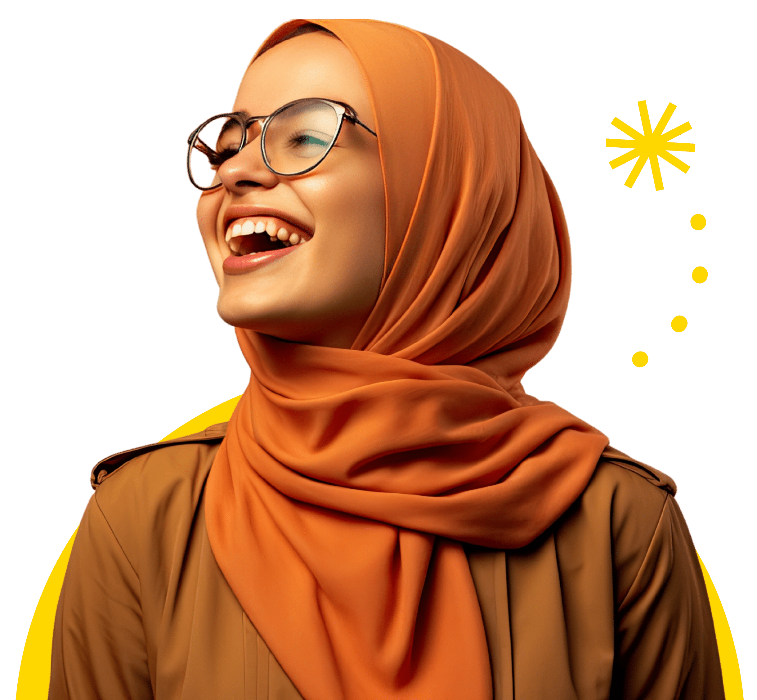 Muslim woman wearing an orange hijab and glasses looking to the top left smiling with yellow graphics in the background