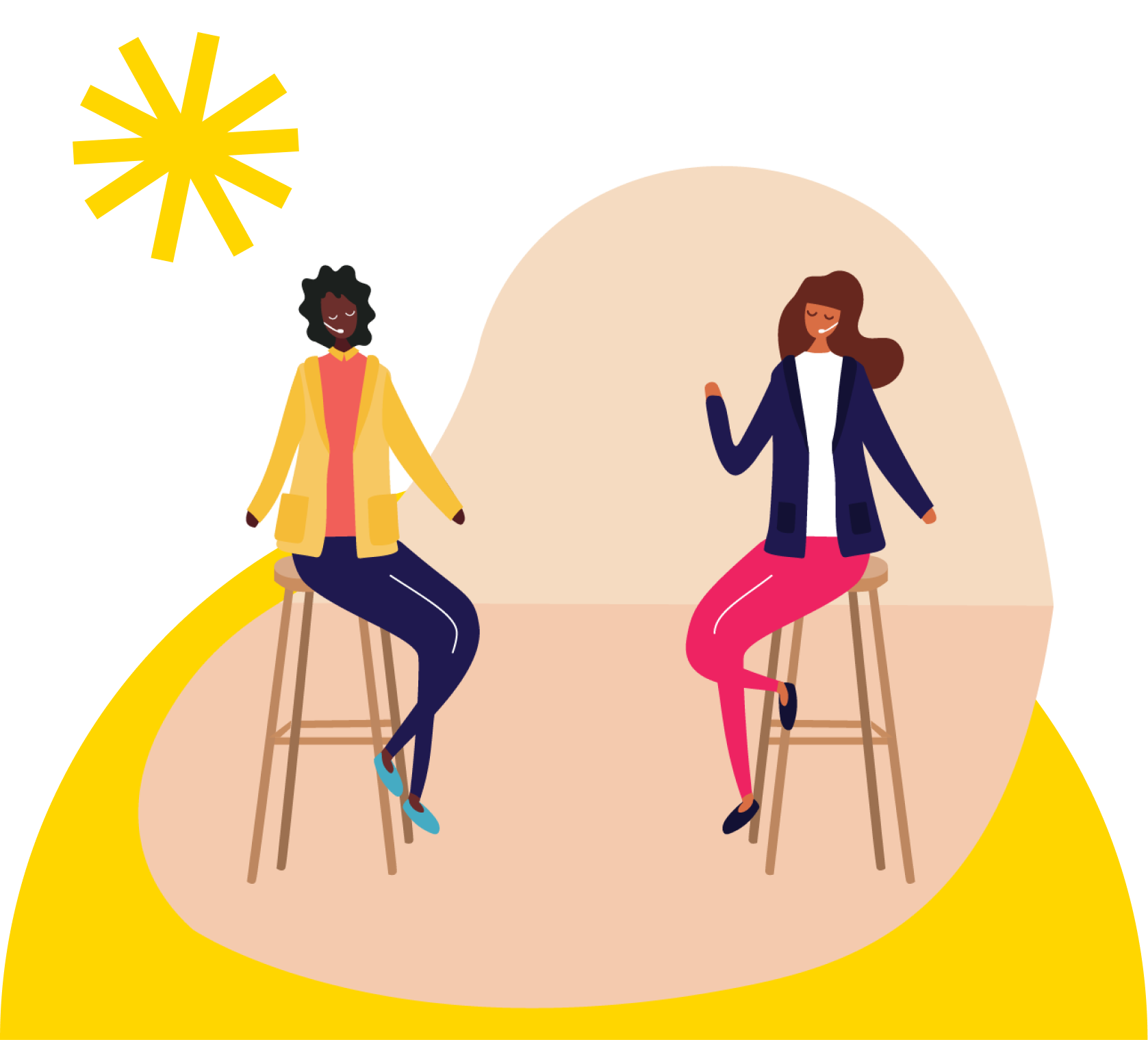 Illustration of two women sitting on a stool and talking to each other with yellow graphics in the background.