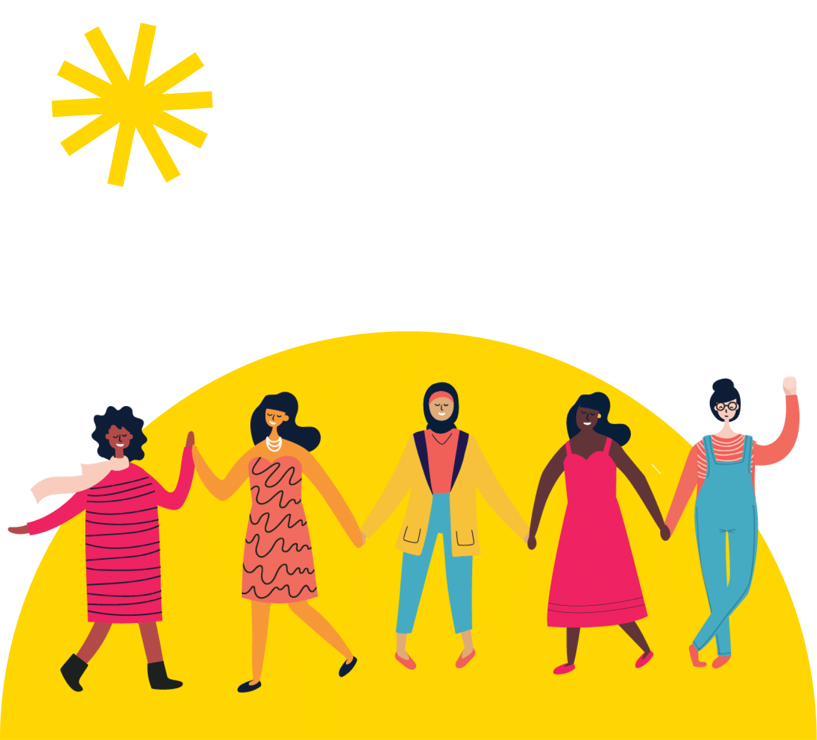 Illustration of a line of women holding hands with yellow graphics in the background.
