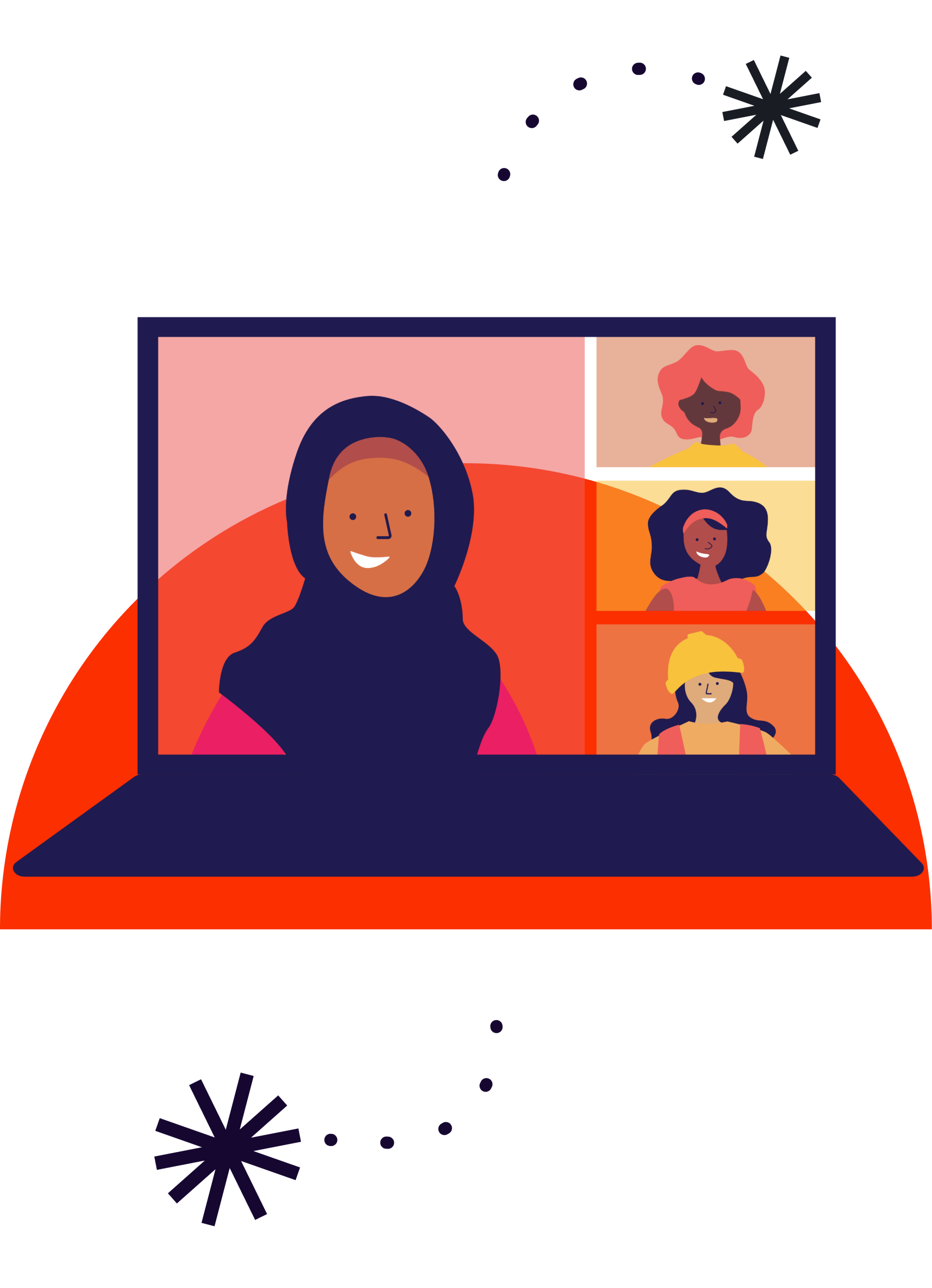 Illustration of a laptop with different women on the screen with orange graphic in the background and black stars top and bottom