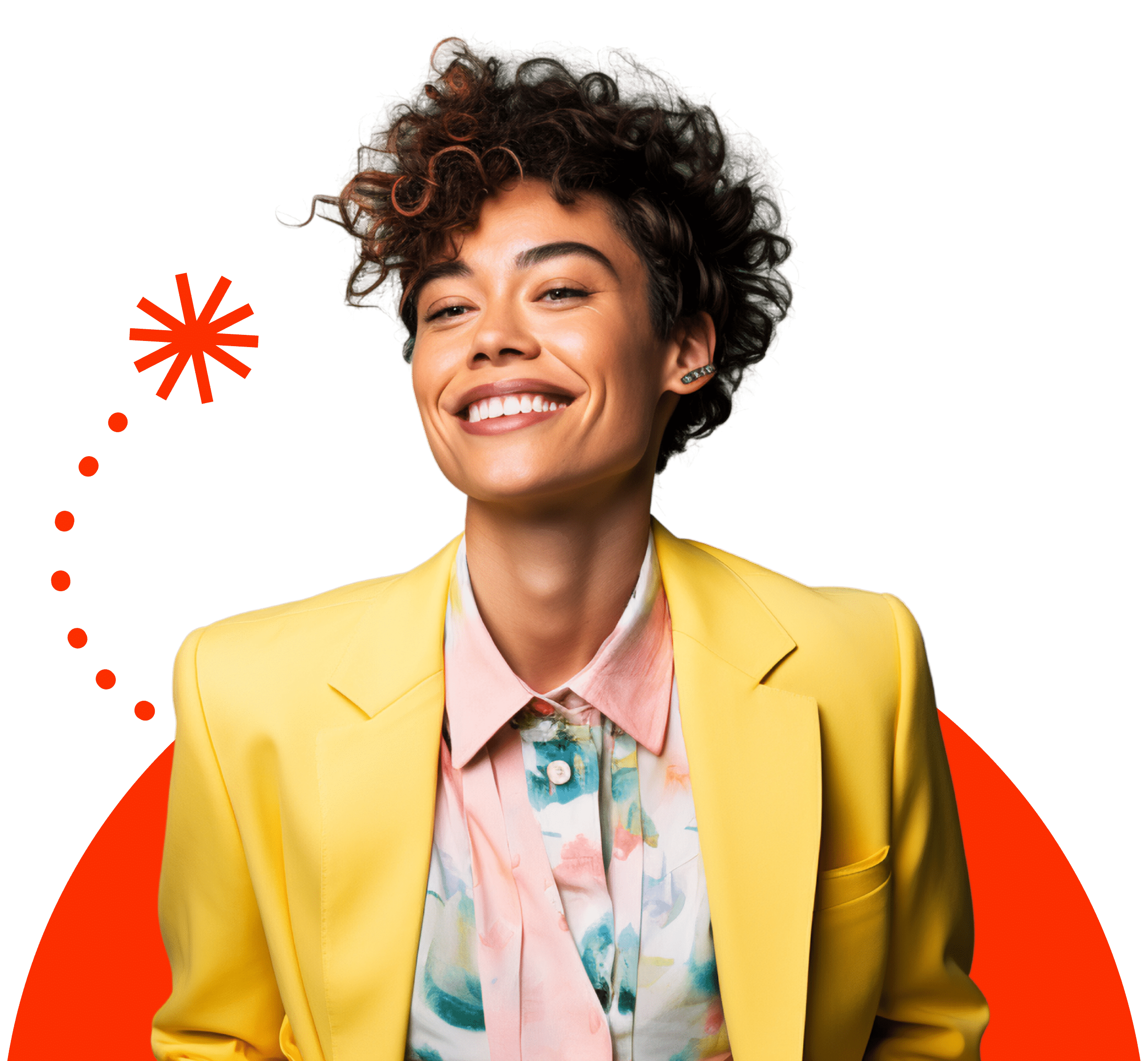 Woman smiling wearing a yellow blazer with a floral top, with orange graphics in the backgorund.
