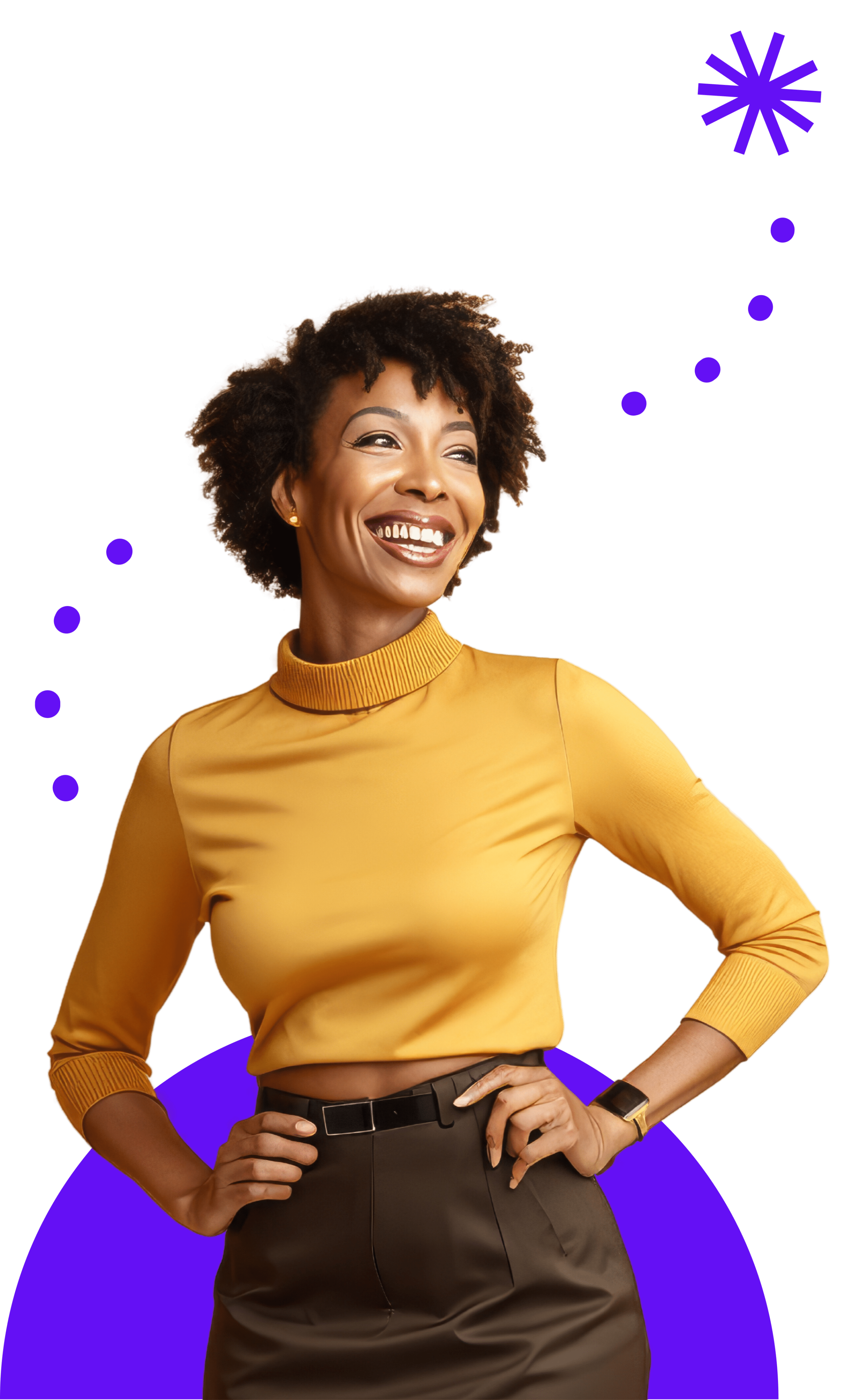 Black woman wearing a yellow top and brown skirt smiling and looking to the right with purple graphics in the background.