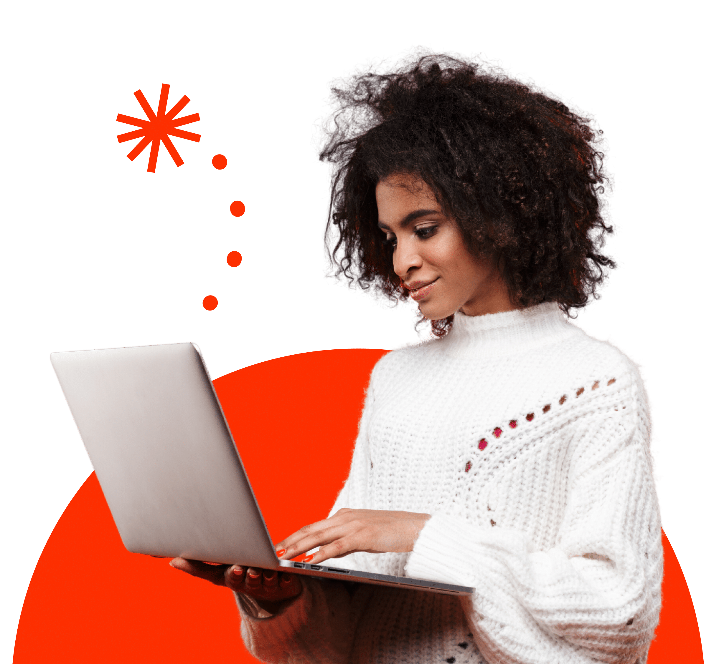 Black woman looking at her laptop, with red/orange graphics in the background.