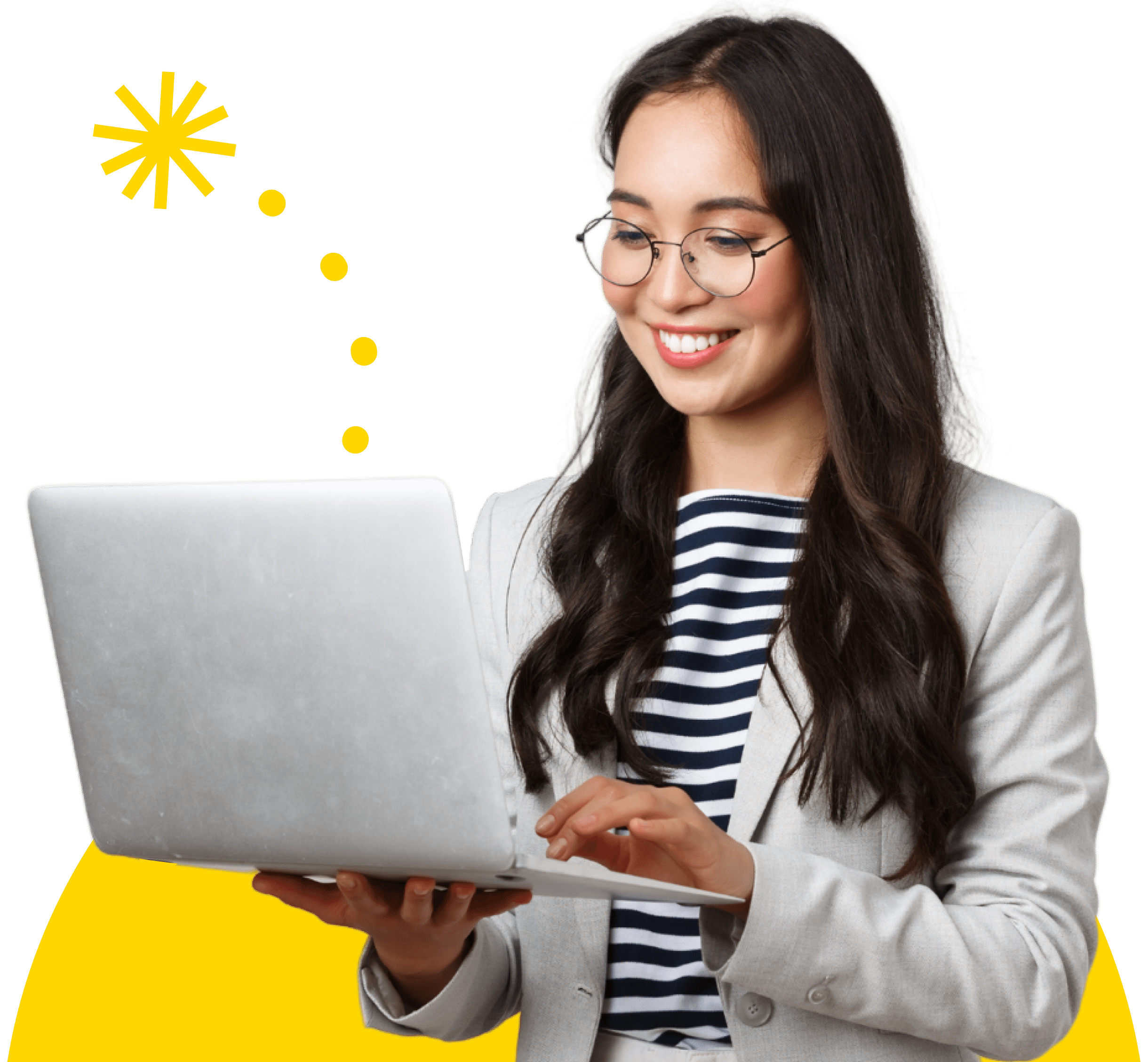 Woman holding a laptop and smiling with yellow graphics in the background.