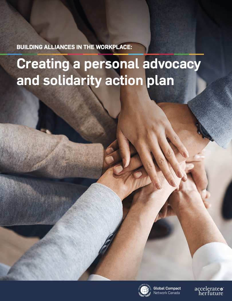Photo of the cover of a report. The image on the cover is hands on top of each other. The title says: "BUILDING ALLIANCES IN THE WORKPLACE: Creating a personal advocacy and solidarity action plan"
